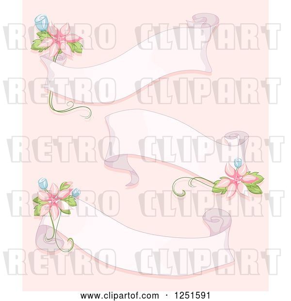 Vector Clip Art of Retro Shappy Chic Ribbon Banners with Flowers on Pink