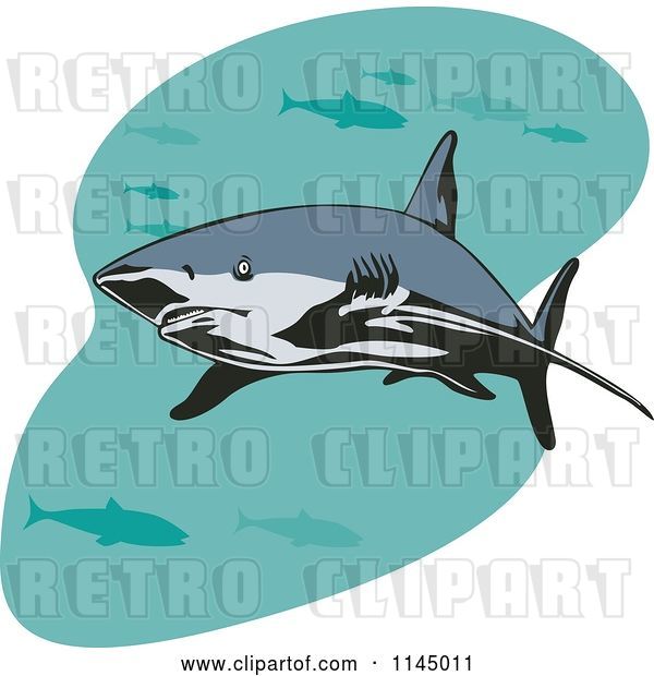 Vector Clip Art of Retro Shark Swimming with Fish 1
