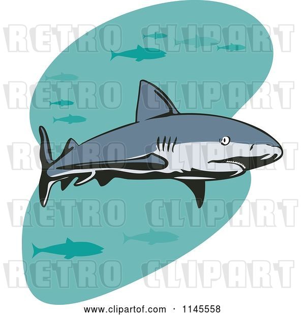 Vector Clip Art of Retro Shark Swimming with Fish 2