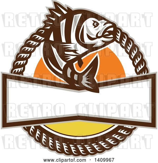 Vector Clip Art of Retro Sheepshead Fish over a Sunset, in a Frame of Rope