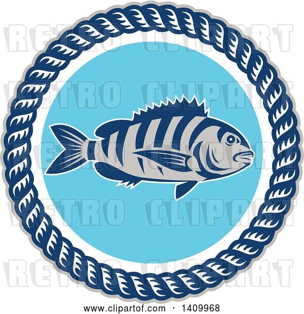Vector Clip Art of Retro Sheepshead Fish over Blue, in a Frame of Rope