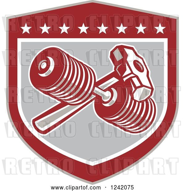 Vector Clip Art of Retro Shield with a Dumbbell and Sledgehammer