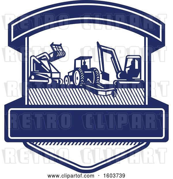 Vector Clip Art of Retro Shield with Heavy Equipment Used in Tree Mulching Bush Hogging and Excavation Services in Blue and White