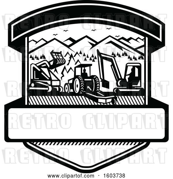 Vector Clip Art of Retro Shield with Heavy Equipment Used in Tree Mulching Bush Hogging and Excavation Services in