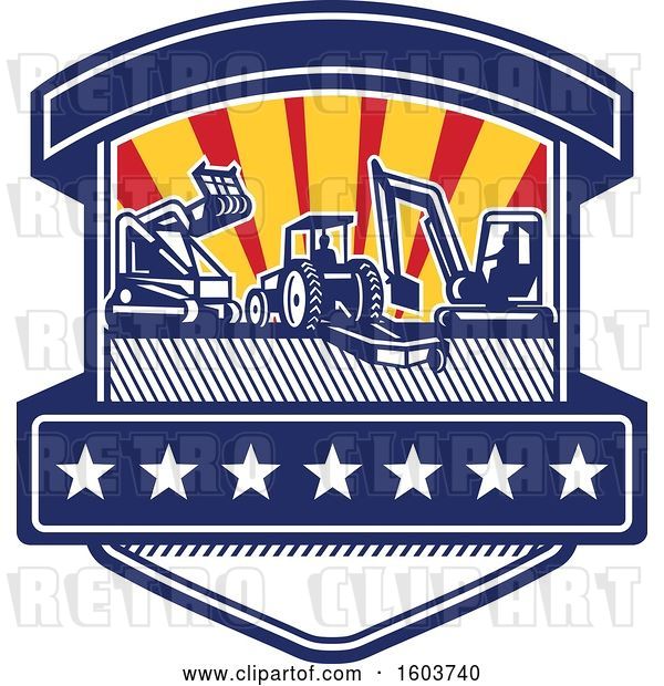 Vector Clip Art of Retro Shield with Heavy Equipment Used in Tree Mulching Bush Hogging and Excavation Services with Rays