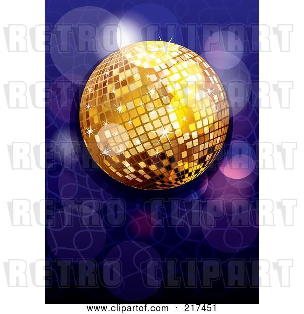 Vector Clip Art of Retro Shiny Gold Disco Ball with Purple and Blue Sparkles