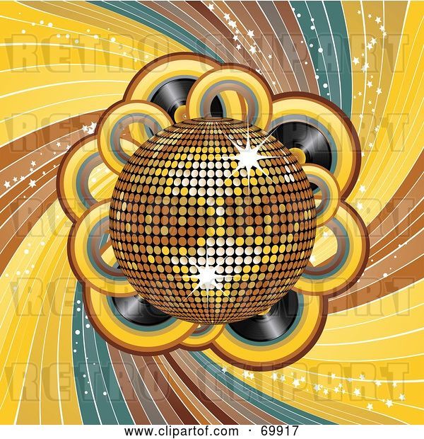 Vector Clip Art of Retro Shiny Golden Disco Ball over Records and Swirls