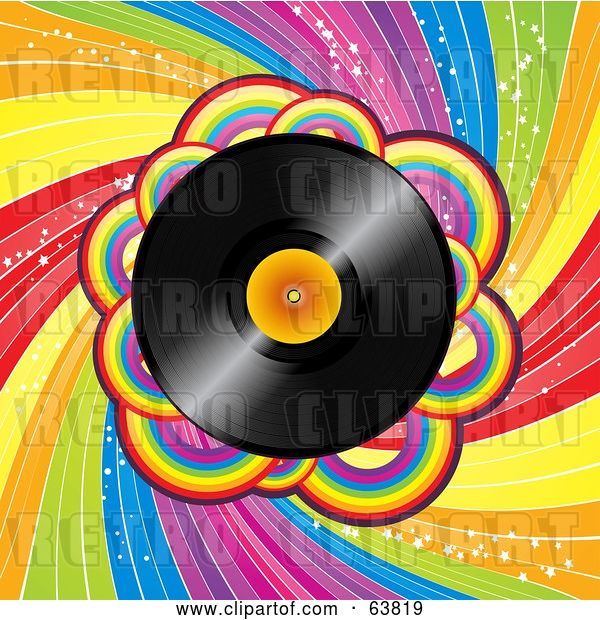Vector Clip Art of Retro Shiny Vinyl Record Spinning over a Spiraling Rainbow Background