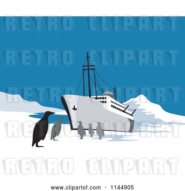 Vector Clip Art of Retro Ship with Penguins in the Arctic