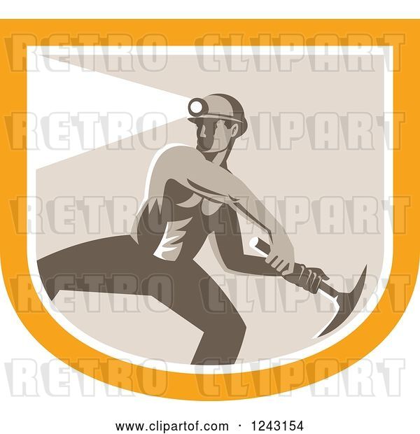 Vector Clip Art of Retro Shirtless Coal Miner Swinging a Pickaxe and Wearing a Light on a Hardhat in a Shield