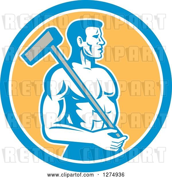 Vector Clip Art of Retro Shirtless Male Worker with a Sledgehammer in a Blue White and Yellow Circle