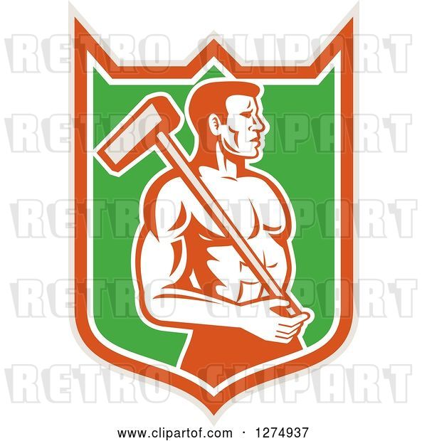 Vector Clip Art of Retro Shirtless Male Worker with a Sledgehammer in a Taupe Orange White and Green Shield