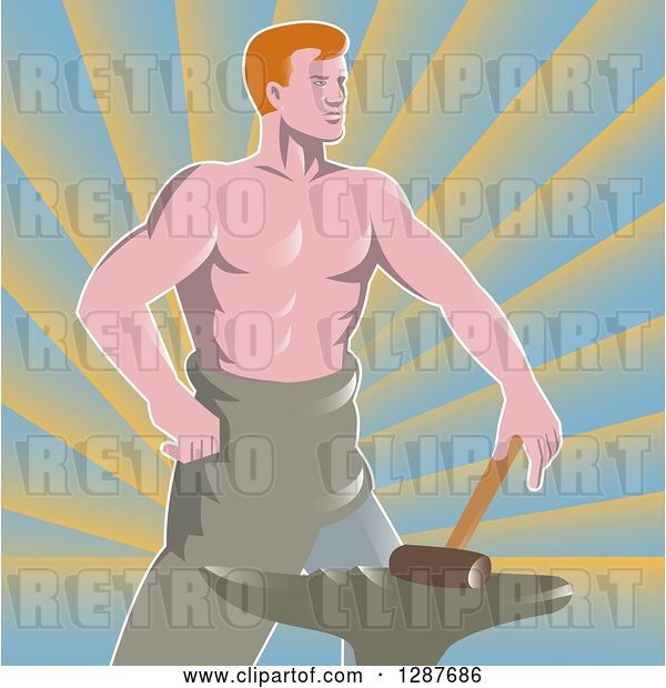 Vector Clip Art of Retro Shirtless Muscular Blacksmith with a Hammer and Anvil over Rays