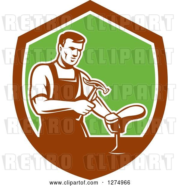 Vector Clip Art of Retro Shoemaker Cobbler Working in a Brown White and Green Shield