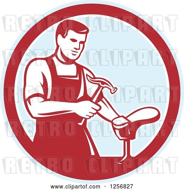 Vector Clip Art of Retro Shoemaker Cobbler Working in a Red and Blue Circle