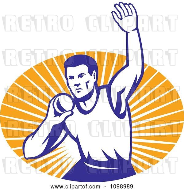 Vector Clip Art of Retro Shot Put Athlet Throwing over an Oval of Orange Rays