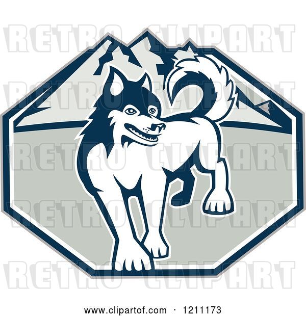 Vector Clip Art of Retro Siberian Husky Dog over Mountains