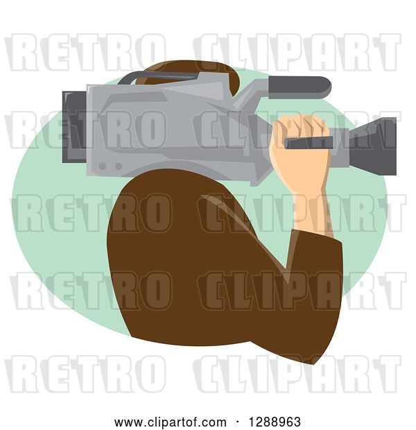 Vector Clip Art of Retro Side View of a Male Cameraman Working in a Green Oval