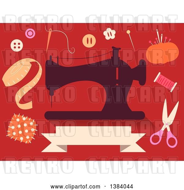 Vector Clip Art of Retro Silhoeutted Sewing Machine and Notions on Red