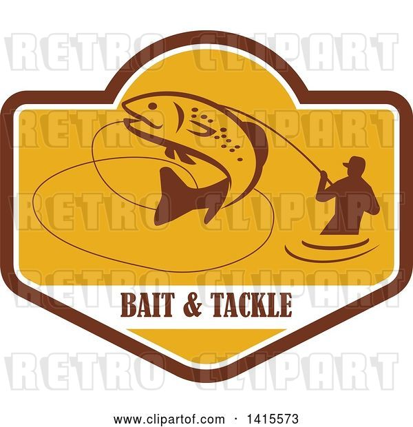 Vector Clip Art of Retro Silhoeutted Wading Fisher Man Reeling in a Jumping Trout in a Yellow Crest over Bait and Tackle Text
