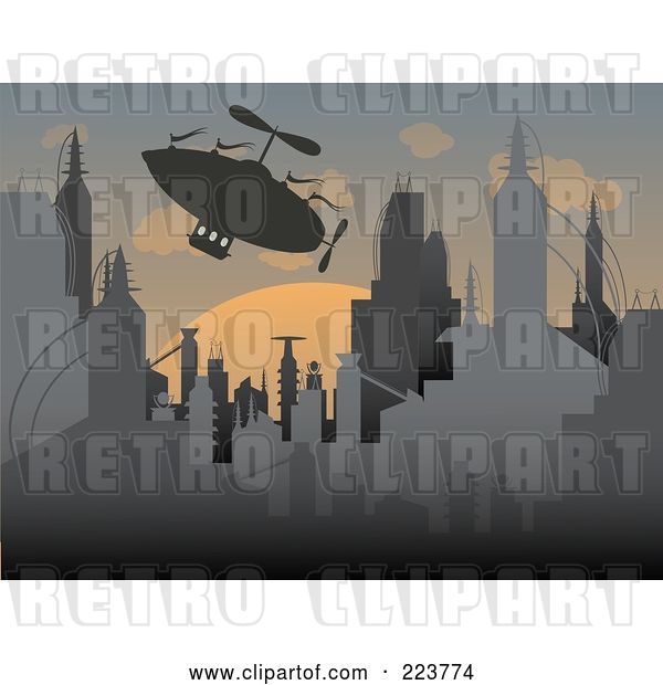 Vector Clip Art of Retro Silhouetted Airship over a Futuristic City at Sunset
