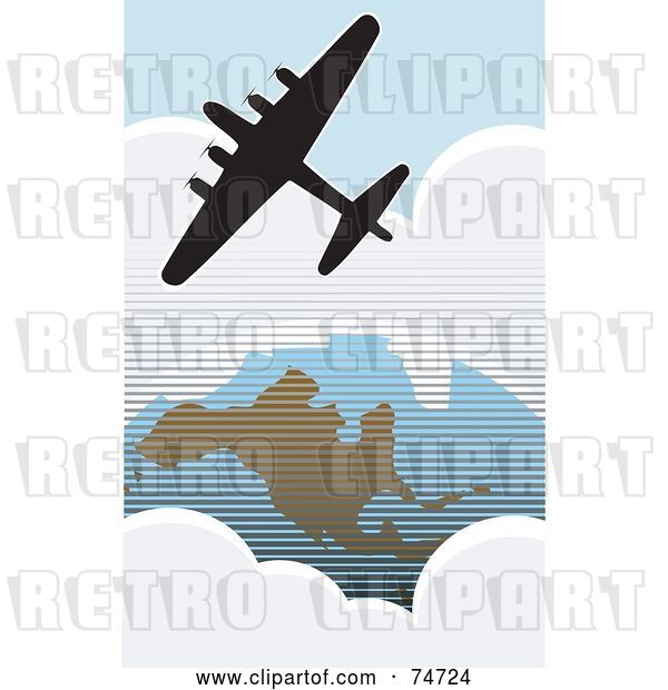 Vector Clip Art of Retro Silhouetted American Bomber Aircraft Flying over the USA
