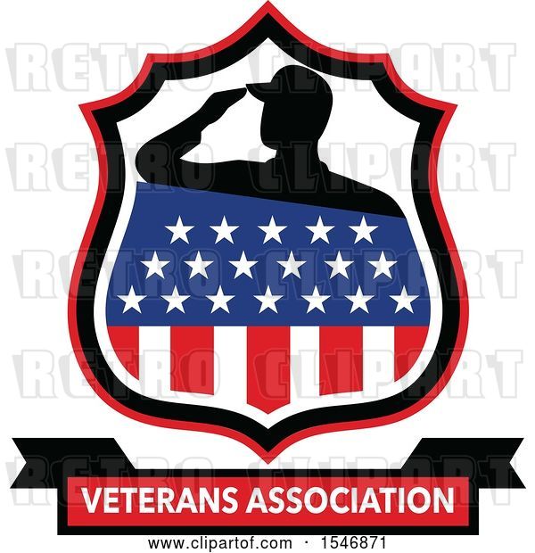 Vector Clip Art of Retro Silhouetted American Soldier Saluting in an American Shield over a Veterans Association Banner