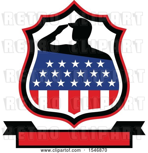 Vector Clip Art of Retro Silhouetted American Veteran Soldier Saluting in an American Shield over a Banner