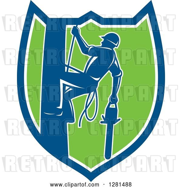 Vector Clip Art of Retro Silhouetted Arborist Climbing a Pole with a Chainsaw in a Blue White and Green Shield