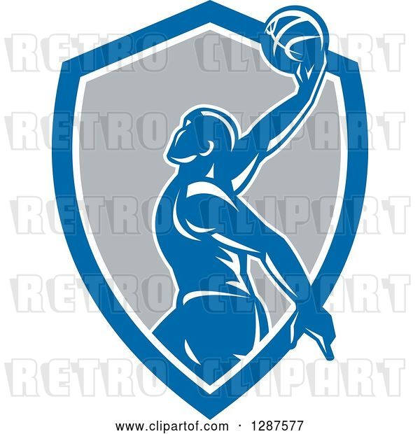 Vector Clip Art of Retro Silhouetted Basketball Player Doing a Layup in a Blue White and Gray Shield