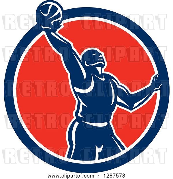 Vector Clip Art of Retro Silhouetted Basketball Player Doing a Layup in a Blue White and Red Circle