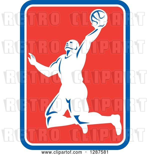 Vector Clip Art of Retro Silhouetted Basketball Player Doing a Layup in a Blue White and Red Rectangle