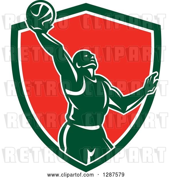 Vector Clip Art of Retro Silhouetted Basketball Player Doing a Layup in a Green White and Red Shield