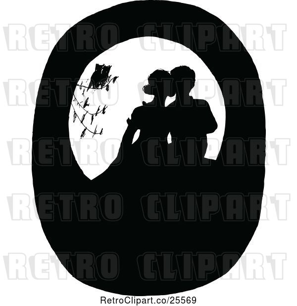 Vector Clip Art of Retro Silhouetted Birds Watching a Couple Kissing