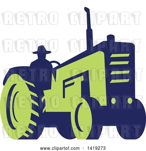 Vector Clip Art of Retro Silhouetted Blue and Green Farmer Operating a Tractor