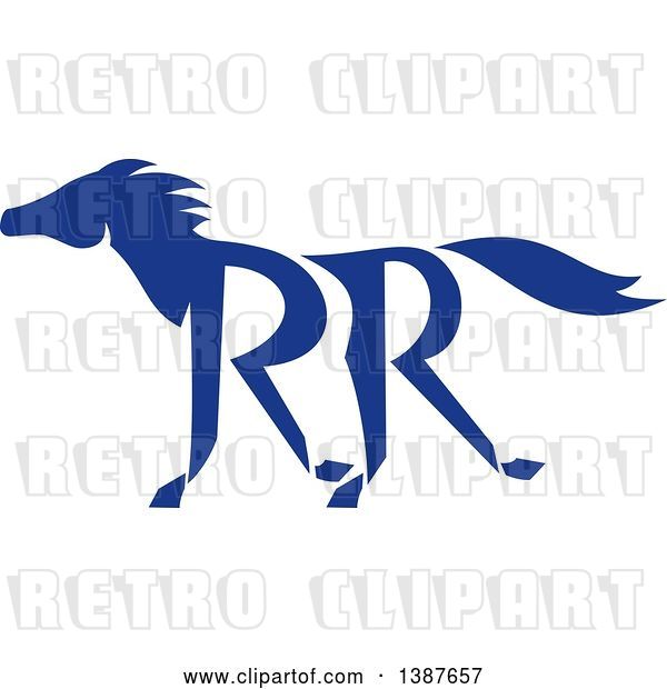 Vector Clip Art of Retro Silhouetted Blue Running Horse with Double RR Legs