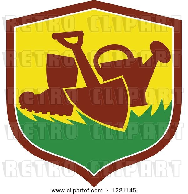 Vector Clip Art of Retro Silhouetted Boot, Spade and Watering Can in a Shield