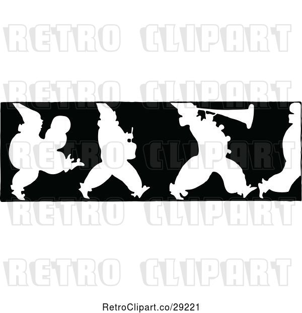 Vector Clip Art of Retro Silhouetted Border of Marching Clowns