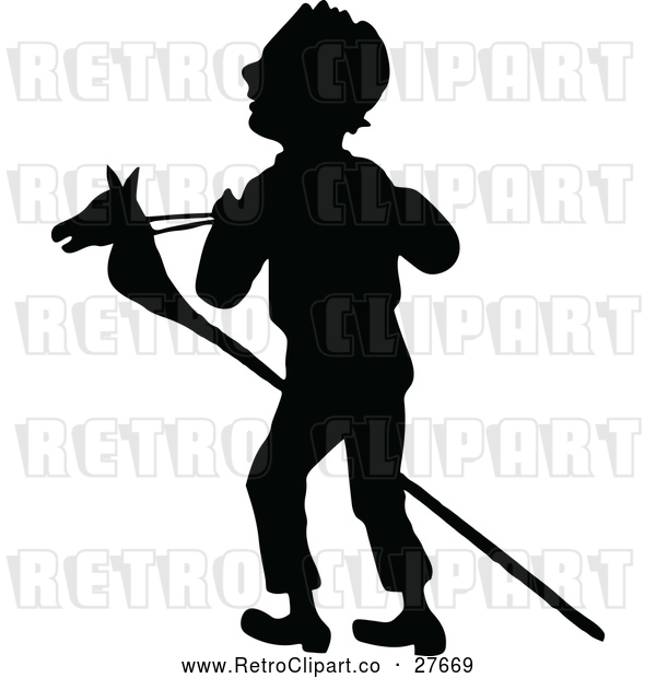 Vector Clip Art of Retro Silhouetted Boy with a Stick Pony