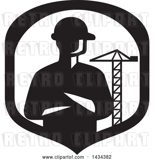 Vector Clip Art of Retro Silhouetted Builder Engineer or Foreman with Folded Arms in a a Shield with a Construction Crane