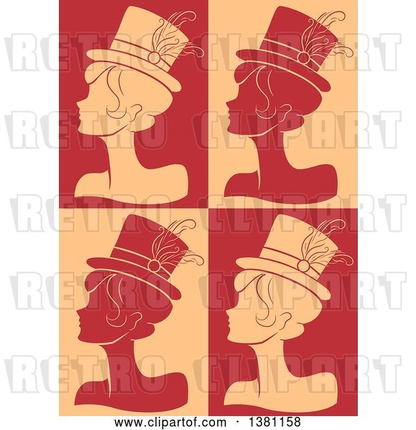 Vector Clip Art of Retro Silhouetted Burlesque Women Wearing Hats over Tan and Red