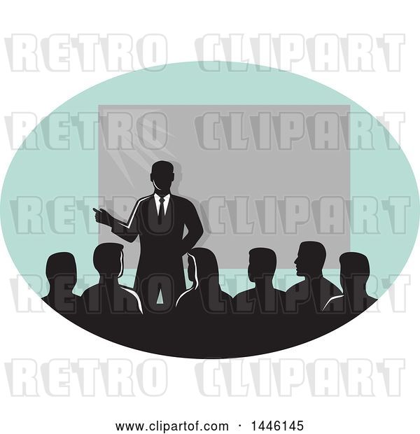 Vector Clip Art of Retro Silhouetted Businessman Giving a Lecture by a Projector in an Oval