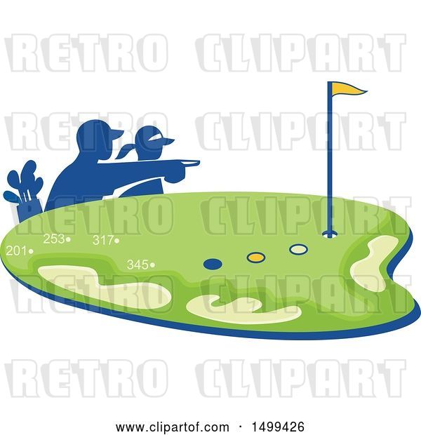 Vector Clip Art of Retro Silhouetted Caddie and Golfer over a Golf Course