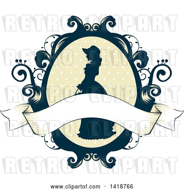 Vector Clip Art of Retro Silhouetted Cameo of a Victorian Lady in a Floral Frame with a Blank Ribbon