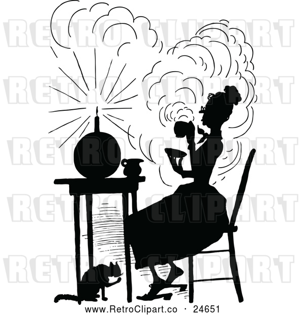 Vector Clip Art of Retro Silhouetted Cat Grooming by a Lady Drinking Hot Tea