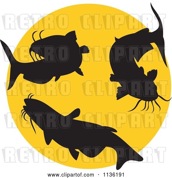 Vector Clip Art of Retro Silhouetted Catfish over a Yellow Circle