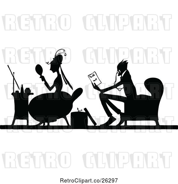 Vector Clip Art of Retro Silhouetted Couple Sitting