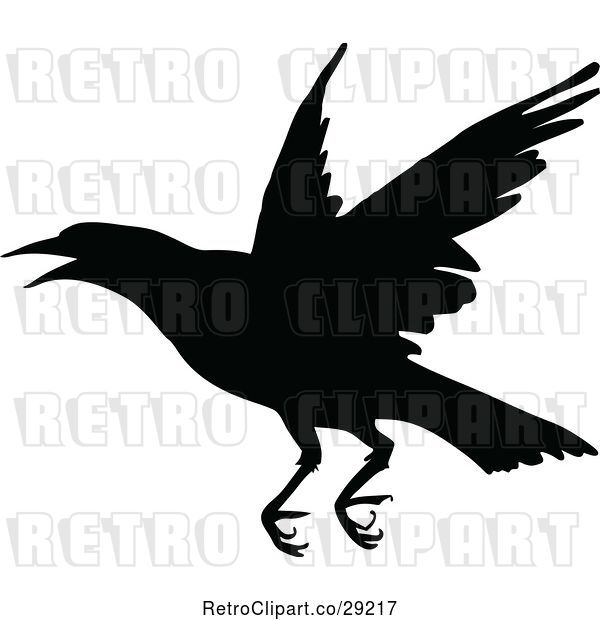 Vector Clip Art of Retro Silhouetted Crow Flying