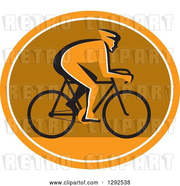 Vector Clip Art of Retro Silhouetted Cyclst in Profile Inside an Orange White and Brown Oval