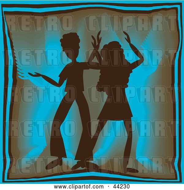 Vector Clip Art of Retro Silhouetted Dancing Couple Grooving at a Blue Party